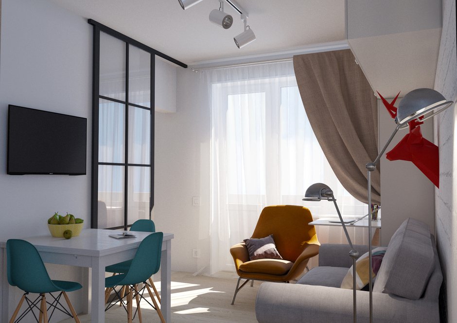 Фотография:  в стиле , Скандинавский, Квартира, Проект недели, Москва, ИКЕА, Benjamin Moore, хранение спортивных снарядов, маленькая кухня, кровать-трансформер, Vives, Jielde, хранение вещей в малогабаритке, многофункциональный подиум, как оформить малогабаритку, дизайн маленькой комнаты, обустройство однушки, хранение вещей, система хранения в малогабаритке, перепланировка однушки, дизайн малогабаритки, идеи для малогабаритки, подиум для спальни, дизайн типовой однушки, ArteLamp, скандинавский стиль в интерьере, варианты планировки пространства в однокомнатной квартире, зонирование маленькой комнаты, Елена Ивашкина, «Кухни ЗОВ», Signal, II-28, хранение спортинвентаря – фото на INMYROOM