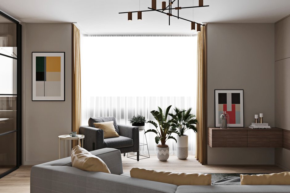 Фотография: Гостиная в стиле Современный, Скандинавский, Квартира, Проект недели, Желтый, Серый, Артем Габриэльян, Кирпичный дом, 3 комнаты, 60-90 метров, Дублин – фото на INMYROOM