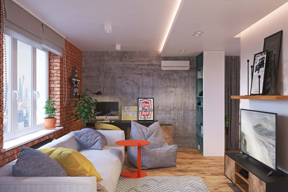 Фотография: Гостиная в стиле Лофт, Квартира, Проект недели, Одинцово, Geometrium, Московская область, Монолитный дом, 2 комнаты, 60-90 метров – фото на INMYROOM