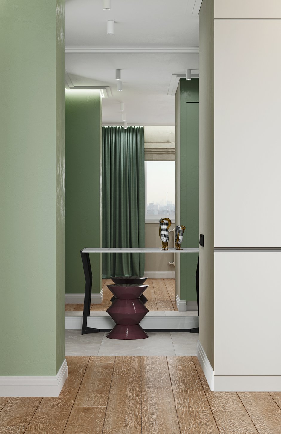 Стену в прихожей напротив окна оформили зеркальным панно, что дает дополнительный отражающий свет и визуальный объем.