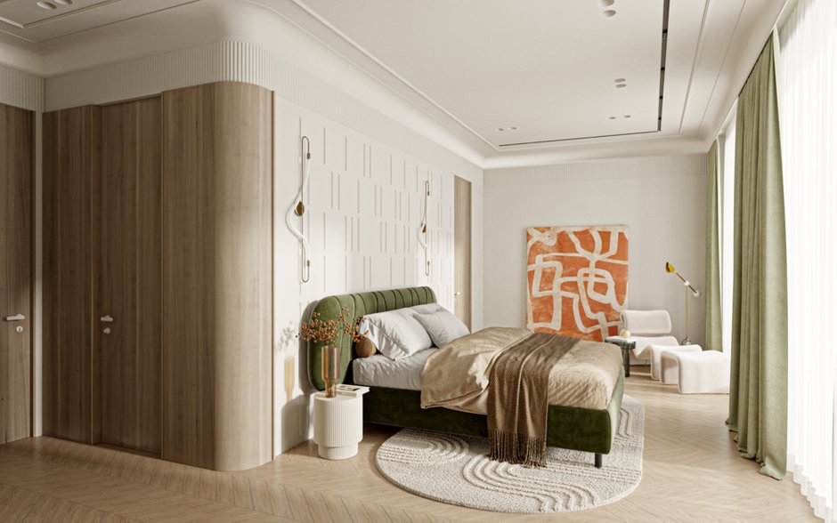 Из спальни есть доступ в гардеробную, где будет храниться вся одежда.