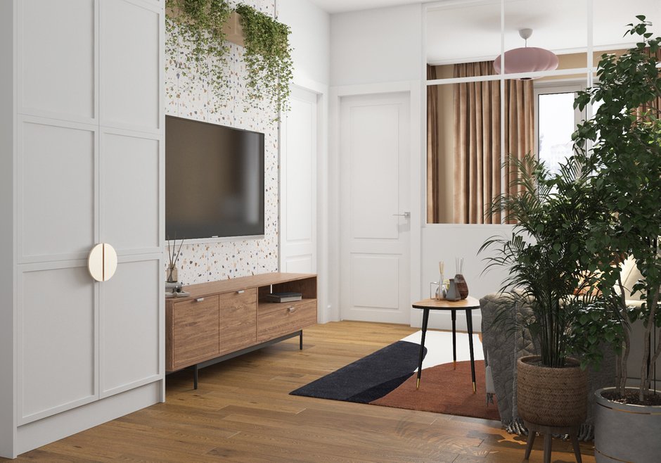 Большинство систем хранения под заказ, будут изготавливаться мебельщиками. В прихожей предусмотрели вместительный встроенный шкаф (там же отдельную секцию внутри выделили под хозяйственные принадлежности). Плюс в каждой комнате есть шкаф для одежды и белья.