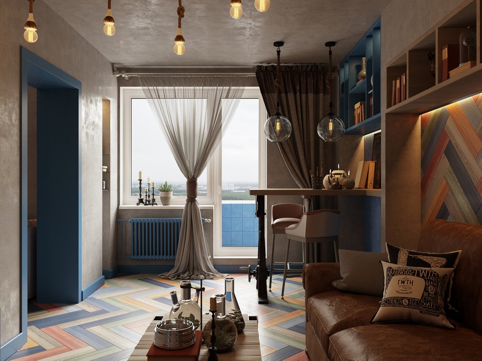 Фотография: Гостиная в стиле Лофт, Квартира, Проект недели, Москва, Панельный дом, П-3, 3 комнаты, 60-90 метров, Алена Горская – фото на INMYROOM