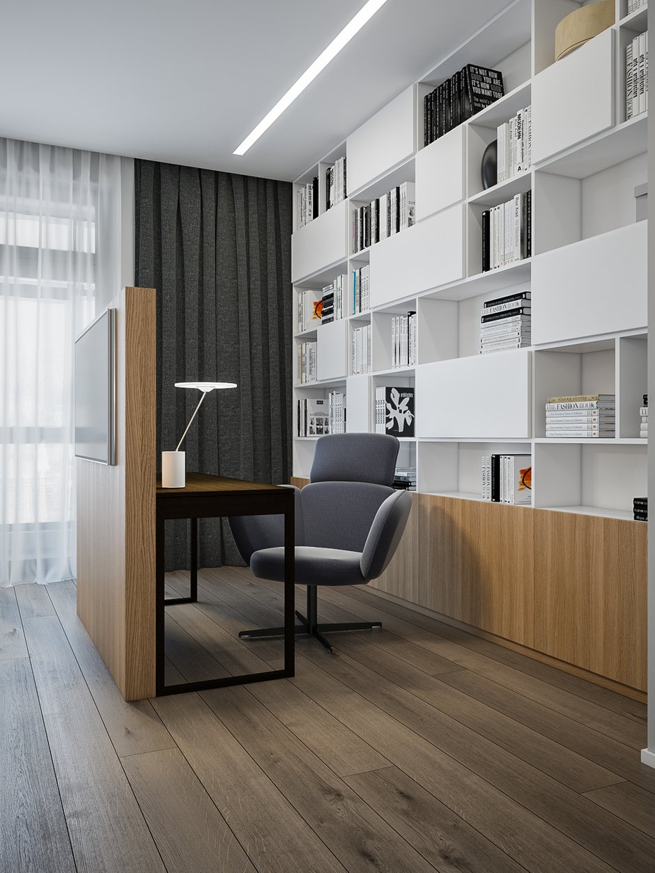 Фотография: Кабинет в стиле Современный, Квартира, Минимализм, Проект недели, Москва, 3 комнаты, Более 90 метров, «Точка дизайна», Екатерина Уразова – фото на INMYROOM