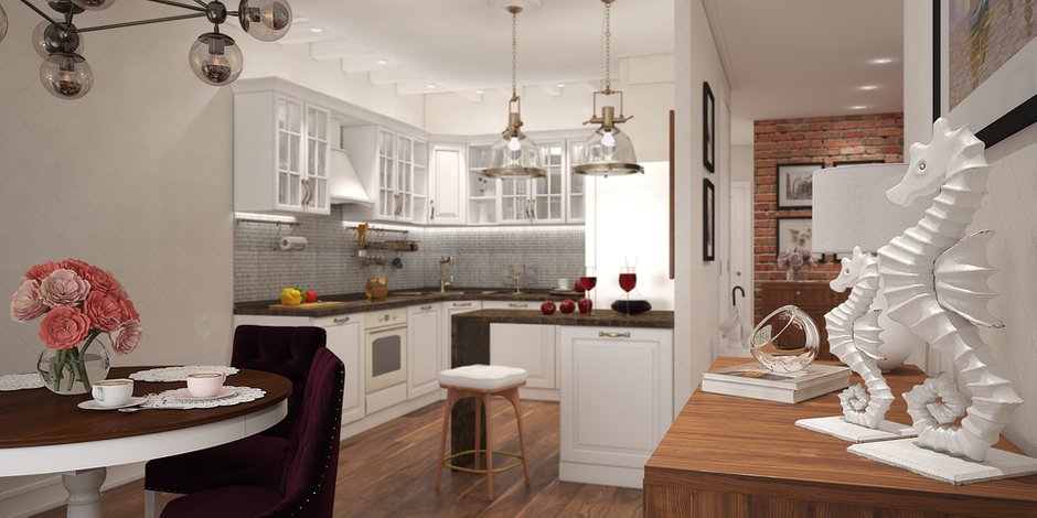 Фотография: Кухня и столовая в стиле Прованс и Кантри, Лофт, Современный, Квартира, Проект недели, Москва, Студия 3.14, Тимур Абдрахманов, Ирина Леготкина, новостройка, Монолитный дом, 3 комнаты, 60-90 метров – фото на INMYROOM