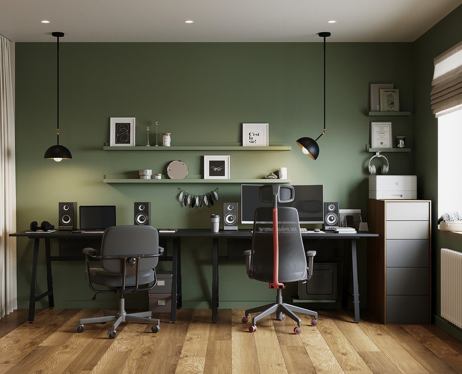 Рабочая зона максимально открыта — пара полок в цвет стены, закрытый стеллаж для документов и поворотные подвесы, которые стали альтернативой настольной лампе. Напротив — лаундж-зона с удобными креслами и стеллажом для книг.