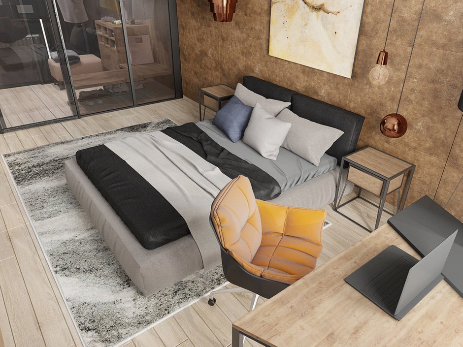 Фотография: Спальня в стиле Лофт, Современный, Квартира, Проект недели, Евгения Ермолаева, EEDS, 2 комнаты, 60-90 метров, Монолитно-кирпичный, ЖК Квартал 9/18 – фото на INMYROOM