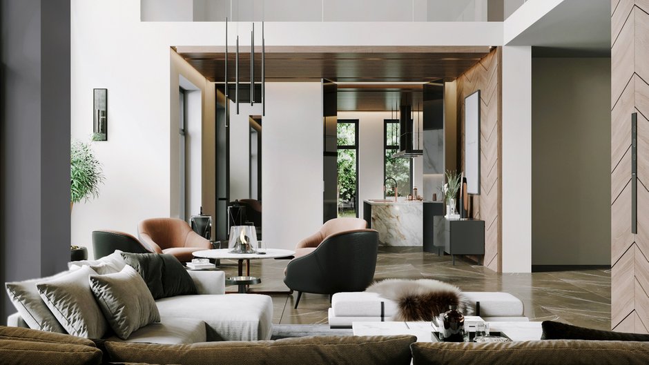 Фотография: Гостиная в стиле Минимализм, Кухня и столовая, Ванная, Спальня, Современный, Дом, Белый, Проект недели, Черный, Бежевый, Монолитный дом, 4 и больше, Более 90 метров, ПРЕМИЯ INMYROOM – фото на INMYROOM