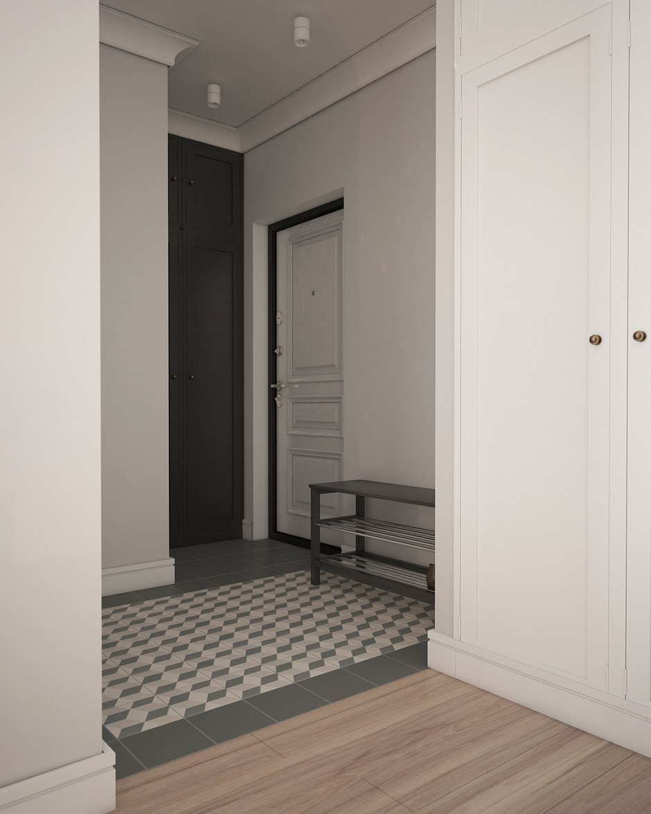 Фотография: Прихожая в стиле Современный, Скандинавский, Малогабаритная квартира, Квартира, Россия, Белый, Москва, Бежевый, Серый, Кирпичный дом, 1 комната, до 40 метров, BoomPlanner – фото на INMYROOM