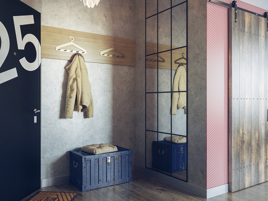 Фотография: Прихожая в стиле Лофт, Квартира, Планировки, Аксессуары, Bober & Decor, Loft Art, Vita, Мебель и свет, Проект недели, ИКЕА, Подмосковье, Филипп Шутов, Екатерина Шутова, KAMROCK, Cosmorelax, LG, Markslojd, Мытищи, Ля Нэж, Дива, Полимерметалл, Progress Plast, Termosmart, IFO, Melana, Rondine Group RHS, Halcon, Samsung, Moonzana, Apavisa, Prof Decor, Art Shutters, Letta, Perspective, студия для холостяка, лофт в Мытищах, амбарные двери, квартира изогнутой формы – фото на INMYROOM