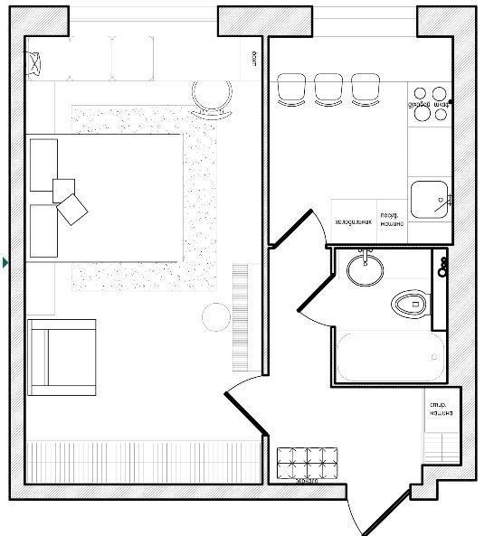 Фотография: Планировки в стиле , Скандинавский, Современный, Малогабаритная квартира, Квартира, Проект недели, Москва, Рустэм Уразметов, 1 комната, до 40 метров – фото на INMYROOM