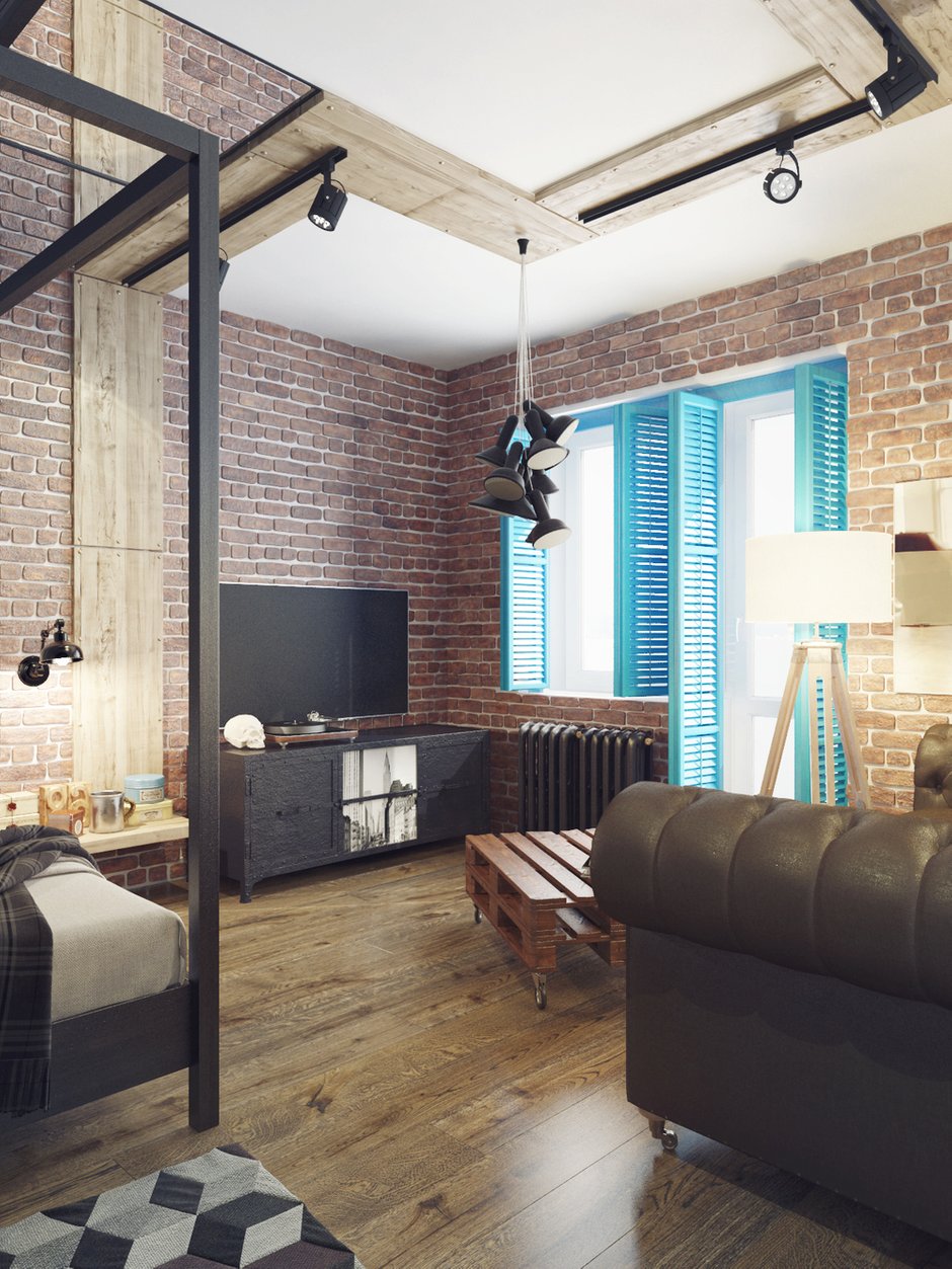 Фотография: Спальня в стиле Лофт, Квартира, Планировки, Аксессуары, Bober & Decor, Loft Art, Vita, Мебель и свет, Проект недели, ИКЕА, Подмосковье, Филипп Шутов, Екатерина Шутова, KAMROCK, Cosmorelax, LG, Markslojd, Мытищи, Ля Нэж, Дива, Полимерметалл, Progress Plast, Termosmart, IFO, Melana, Rondine Group RHS, Halcon, Samsung, Moonzana, Apavisa, Prof Decor, Art Shutters, Letta, Perspective, студия для холостяка, лофт в Мытищах, амбарные двери, квартира изогнутой формы – фото на INMYROOM