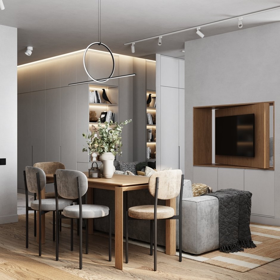 На стенах использовалась краска трех цветов, основной — белый, в зоне спальни серый низ и серый в зоне прихожей, черный — кант между белым и серым цветом. На полу положили кварц-виниловую плитку везде, кроме прихожей, там керамогранит.