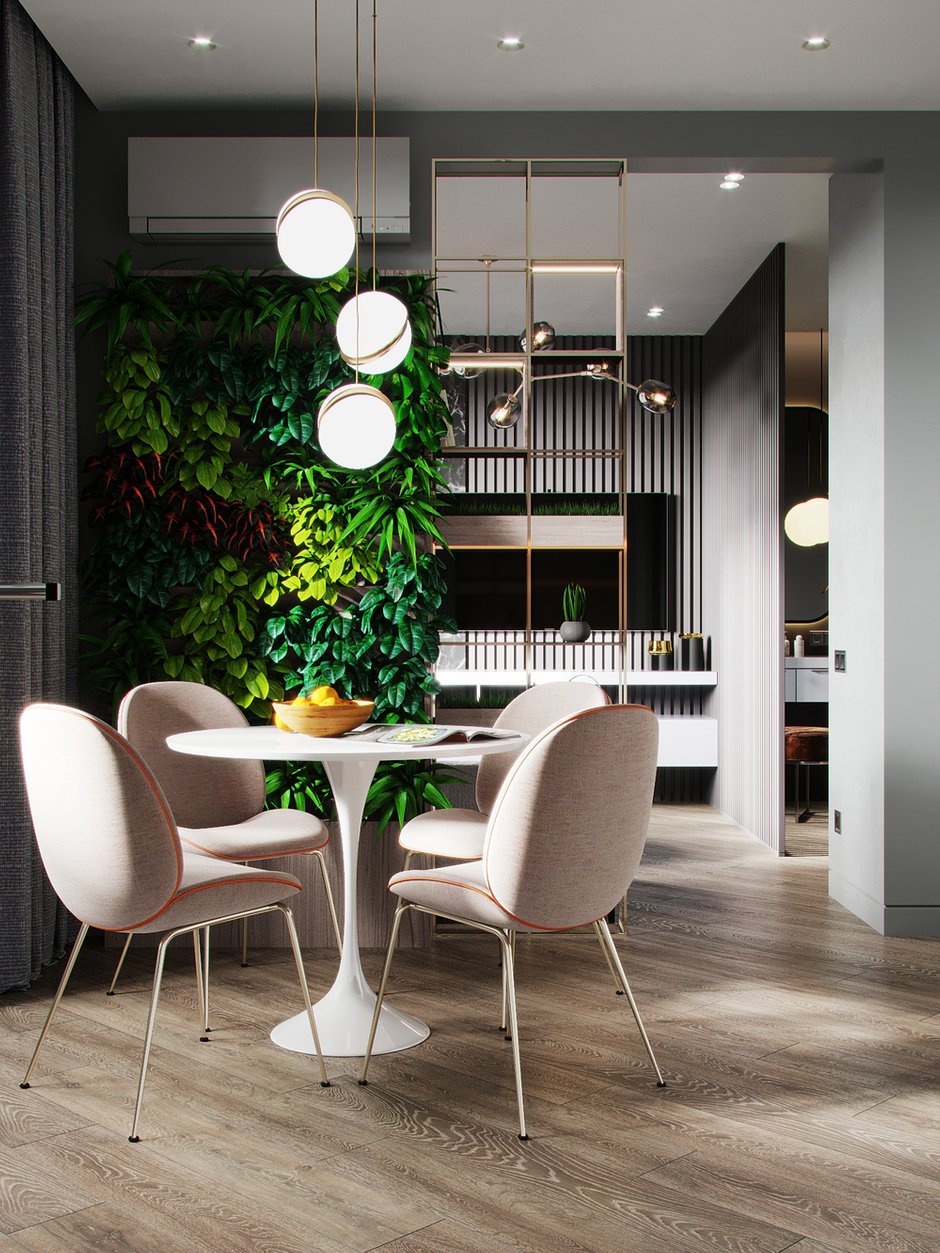 Фотография: Кухня и столовая в стиле Современный, Гостиная, Спальня, Квартира, Miele, Проект дня, Перепланировка, Москва, Серый, Эко, 1 комната, 40-60 метров, Руслан Просвирин, PROSVIRIN DESIGN STUDIO, реечная перегородка в спальне, перегородка-стеллаж, Анна Просвирина – фото на INMYROOM