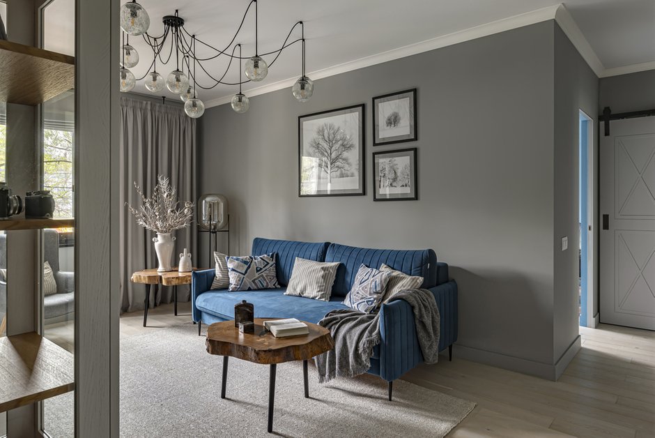 Фотография: Гостиная в стиле Современный, Скандинавский, Квартира, Проект дня, Москва, Панельный дом, 3 комнаты, 60-90 метров, 1605, Алена Ромашкова – фото на INMYROOM