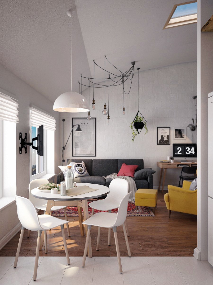 Фотография: Гостиная в стиле Скандинавский, Квартира, Студия, Проект дня, Мансарда, Сочи, Кирпичный дом, Мария Панченко, 40-60 метров – фото на INMYROOM