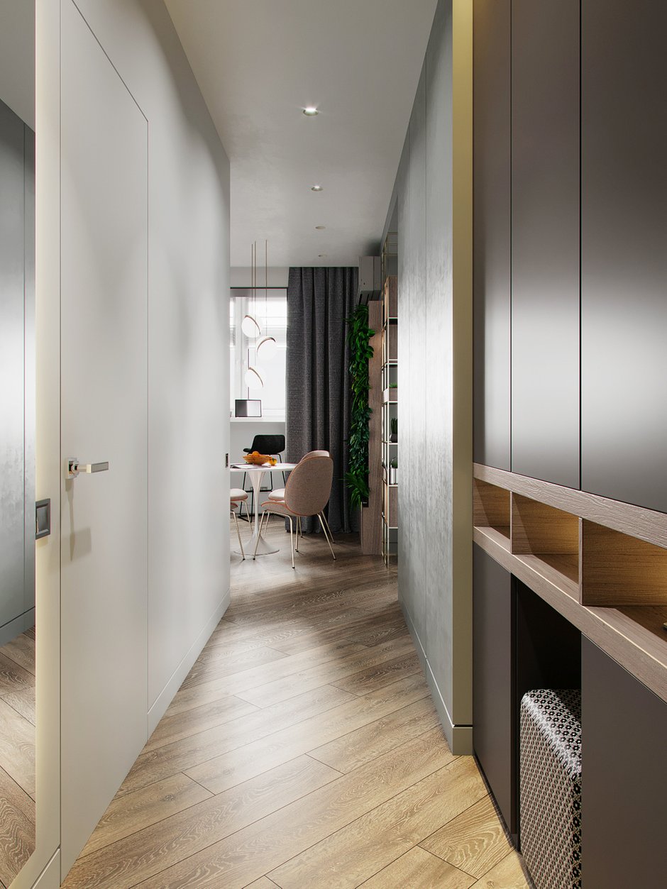 Фотография: Прихожая в стиле Современный, Кухня и столовая, Гостиная, Спальня, Квартира, Miele, Проект дня, Перепланировка, Москва, Серый, Эко, 1 комната, 40-60 метров, Руслан Просвирин, PROSVIRIN DESIGN STUDIO, реечная перегородка в спальне, перегородка-стеллаж, Анна Просвирина – фото на INMYROOM