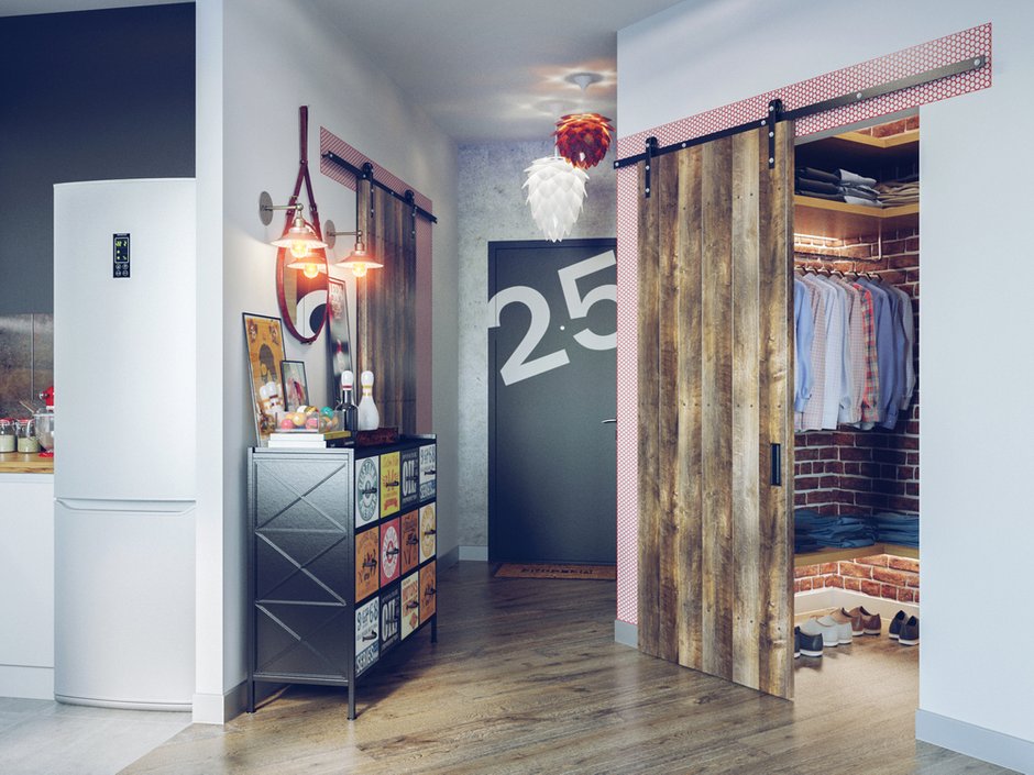 Фотография: Прихожая в стиле Лофт, Квартира, Планировки, Аксессуары, Bober & Decor, Loft Art, Vita, Мебель и свет, Проект недели, ИКЕА, Подмосковье, Филипп Шутов, Екатерина Шутова, KAMROCK, Cosmorelax, LG, Markslojd, Мытищи, Ля Нэж, Дива, Полимерметалл, Progress Plast, Termosmart, IFO, Melana, Rondine Group RHS, Halcon, Samsung, Moonzana, Apavisa, Prof Decor, Art Shutters, Letta, Perspective, студия для холостяка, лофт в Мытищах, амбарные двери, квартира изогнутой формы – фото на INMYROOM
