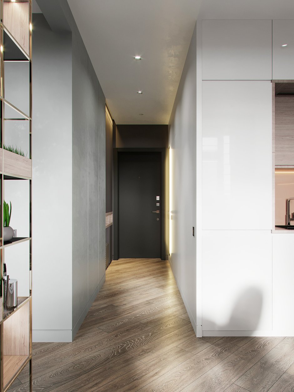 Фотография: Прихожая в стиле Современный, Кухня и столовая, Гостиная, Спальня, Квартира, Miele, Проект дня, Перепланировка, Москва, Серый, Эко, 1 комната, 40-60 метров, Руслан Просвирин, PROSVIRIN DESIGN STUDIO, реечная перегородка в спальне, перегородка-стеллаж, Анна Просвирина – фото на INMYROOM