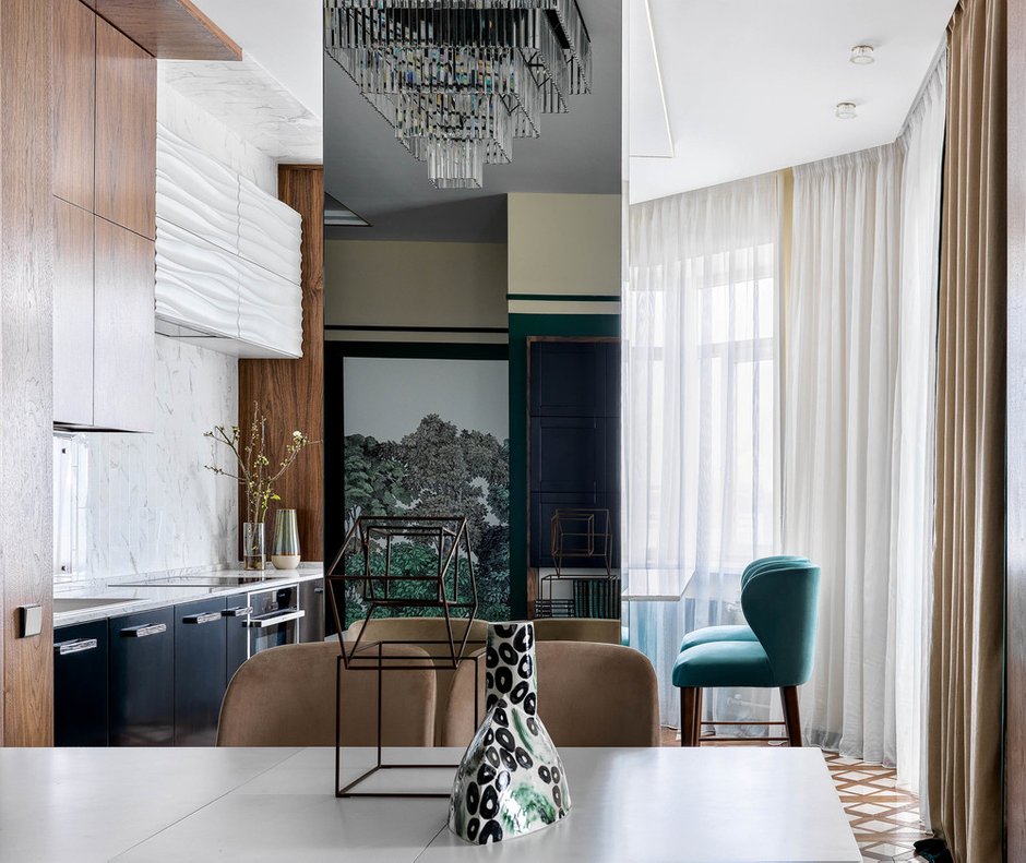 Фотография: Кухня и столовая в стиле Современный, Эклектика, Квартира, Белый, Проект недели, Москва, Зеленый, Бежевый, Розовый, Бирюзовый, Коричневый, Монолитный дом, 3 комнаты, Более 90 метров, Н-Куб, Николай Николаев – фото на INMYROOM