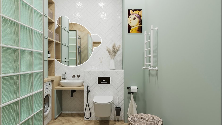 Заказчики решили отказаться от ванны в пользу душевой кабины с трапом в стене из советских стеклоблоков. Стиральная машина с функцией сушки, заниженная инсталляция унитаза и модерновая картина с аниме-котом, скрывающая люк с доступом к сантехническим узлам, добавляют стиля и комфорта интерьеру.