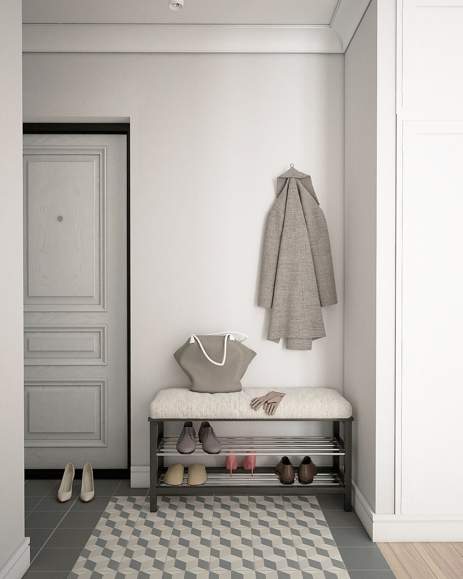 Фотография: Прихожая в стиле Современный, Скандинавский, Малогабаритная квартира, Квартира, Россия, Белый, Москва, Бежевый, Серый, Кирпичный дом, 1 комната, до 40 метров, BoomPlanner – фото на INMYROOM
