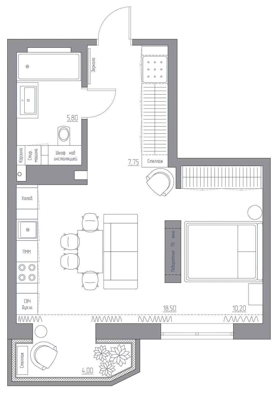 Фотография: Планировки в стиле , Современный, Квартира, Студия, Проект недели, 1 комната, 40-60 метров, Домодедово, MA Team – фото на INMYROOM