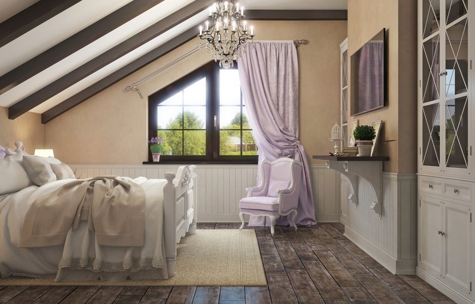 Фотография: Спальня в стиле Прованс и Кантри, Дом, Проект недели, Дом и дача, мансарда в загородном доме, Пермь, Юлия Чурина, необычный камин, декоративные балки – фото на INMYROOM