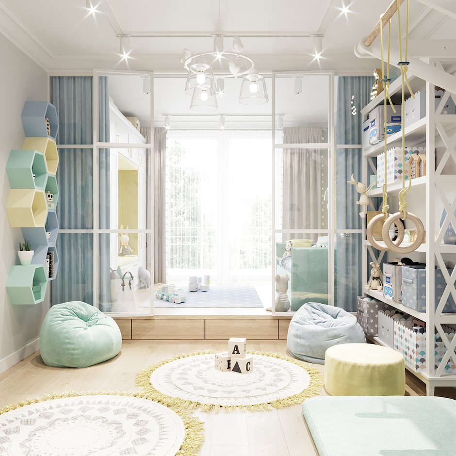 Под маленькой детской шла ступень от застройщика: ее обыграли подиумом, а внутри спрятали выдвижные ящики.