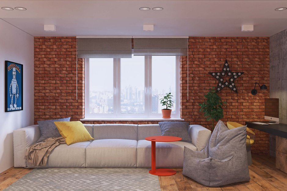 Фотография: Гостиная в стиле Лофт, Квартира, Проект недели, Одинцово, Geometrium, Московская область, Монолитный дом, 2 комнаты, 60-90 метров – фото на INMYROOM