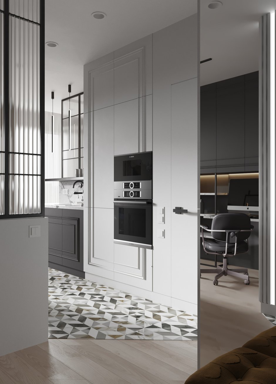 «Мокрая» зона (мойка, посудомойка) кухни осталась на своем месте согласно техническому паспорту проекта — таким образом удалось официально согласовать перепланировку.