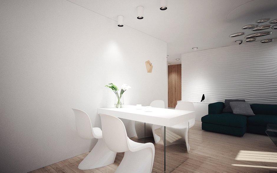Фотография:  в стиле , Современный, Квартира, Россия, BoConcept, Moooi, Vitra, Белый, Проект недели, Зеленый, Бежевый, Коричневый, Duravit, Grohe, Poliform, Artpole, Apavisa, Centrsvet, Таганрог, Bossini, V&B, Lumen Center Italia, Дмитрий Чащин, как объединить гостиную с кухней, гостиная-кухня дизайн, интерьер трешки, квартира в современном стиле – фото на INMYROOM