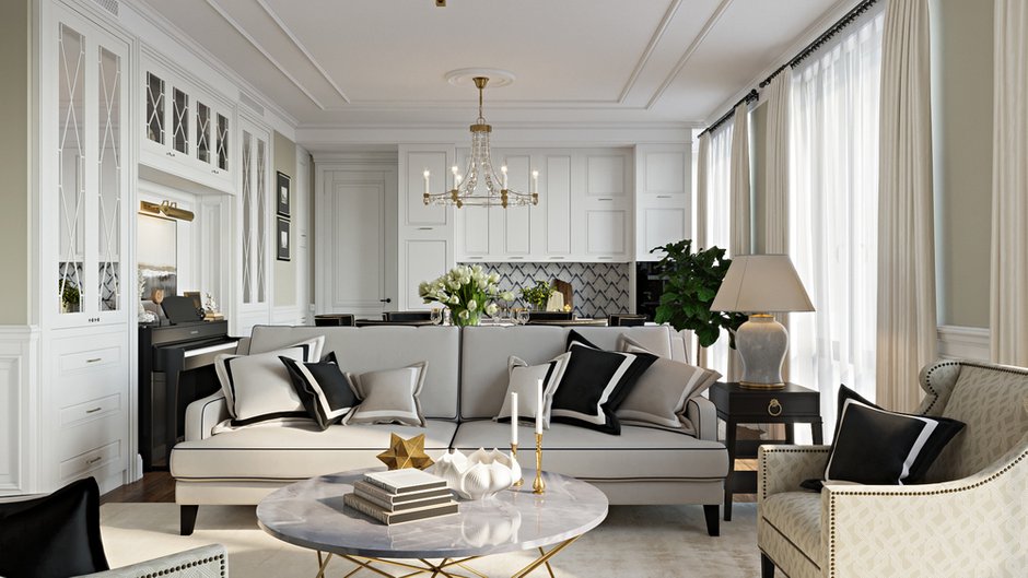 Фотография: Гостиная в стиле Классический, Современный, Квартира, Москва, Монолитный дом, 3 комнаты, Более 90 метров, #эксклюзивныепроекты, True interior – фото на INMYROOM