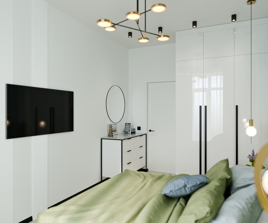 В качестве систем хранения в спальне использованы шкаф и комод, которые идеально вписываются в стену рядом с межкомнатной дверью.