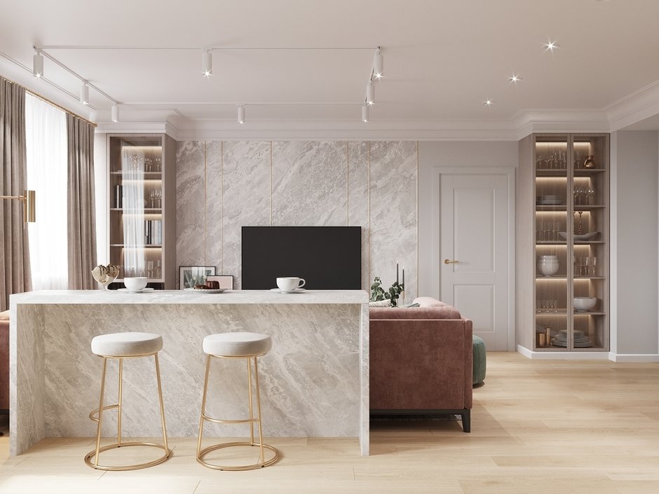 В интерьере использовали системы хранения с зеркальными фасадами и подсветкой, чтобы разместить красивую посуду и декор и создать более интересную обстановку. 