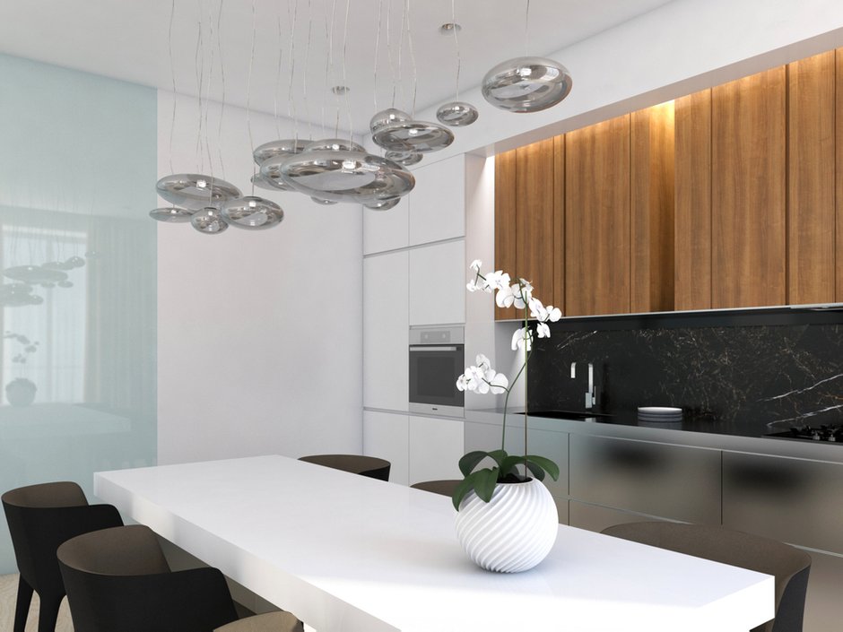 Фотография: Кухня и столовая в стиле Современный, Минимализм, Квартира, Проект недели, Санкт-Петербург, Эко, 3 комнаты, 60-90 метров, Монолитно-кирпичный, Background, ЖК «Жемчужный Фрегат» – фото на INMYROOM