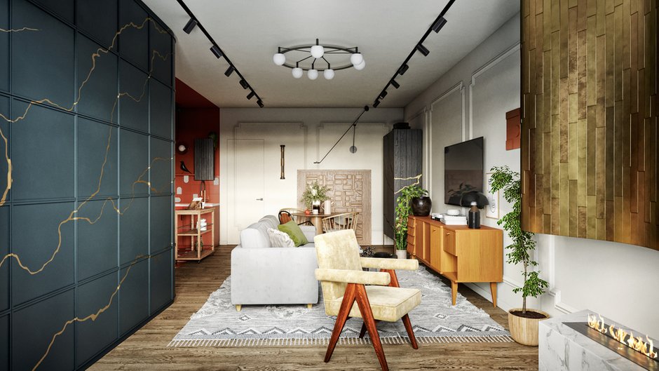 Все стены оформлены в светлой гамме. Это сделано, чтобы выделить на их фоне яркие предметы мебели и целые зоны типа кухни.