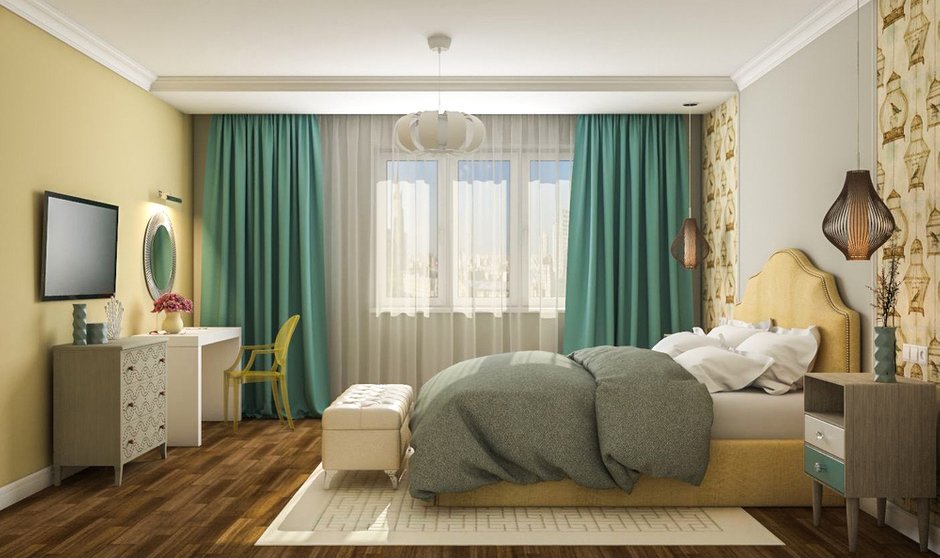 Фотография: Спальня в стиле Современный, Проект недели, Москва, Желтый, Серый, Катерина Жукова, новостройка – фото на INMYROOM