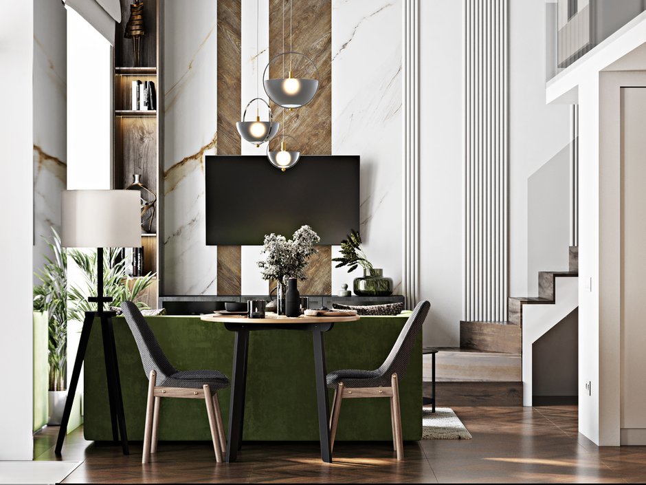 В оформлении стены за телевизором использовали дерево и имитацию мрамора.