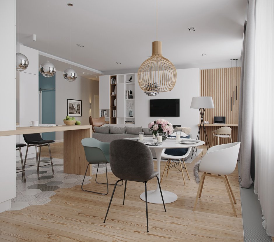 Фотография: Кухня и столовая в стиле Современный, Скандинавский, Квартира, Проект дня, Москва, Монолитный дом, 3 комнаты, Более 90 метров, Юлия Кандыбей, ЖК «Дом на Мосфильмовской» – фото на INMYROOM