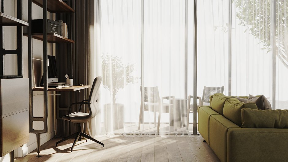 Раздвижные двери в пол объединяют пространство гостиной и лоджии.