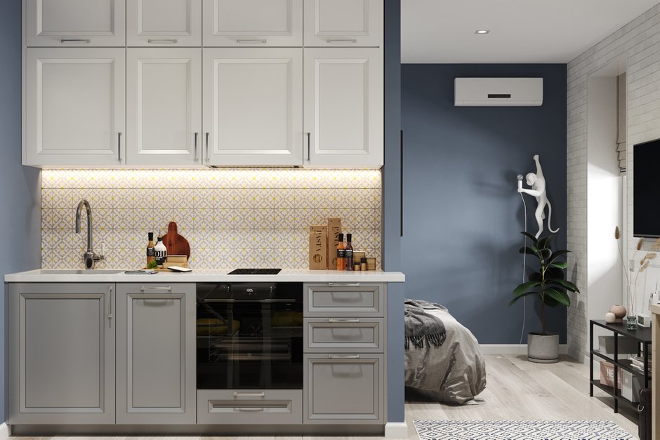 Фотография: Кухня и столовая в стиле Скандинавский, Современный, Малогабаритная квартира, Квартира, Студия, Проект недели, Москва, Зеленоград, Даниил Щепанович, Анна Щепанович, Cubiq Studio, Монолитный дом, до 40 метров – фото на INMYROOM