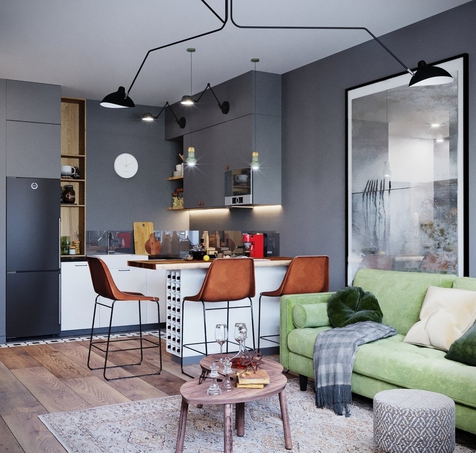 Фотография: Кухня и столовая в стиле Современный, Лофт, Скандинавский, Квартира, Студия, Проект дня, Красногорск, 40-60 метров, Монолитно-кирпичный, Студия 20:18, ЖК «Спасский мост» – фото на INMYROOM