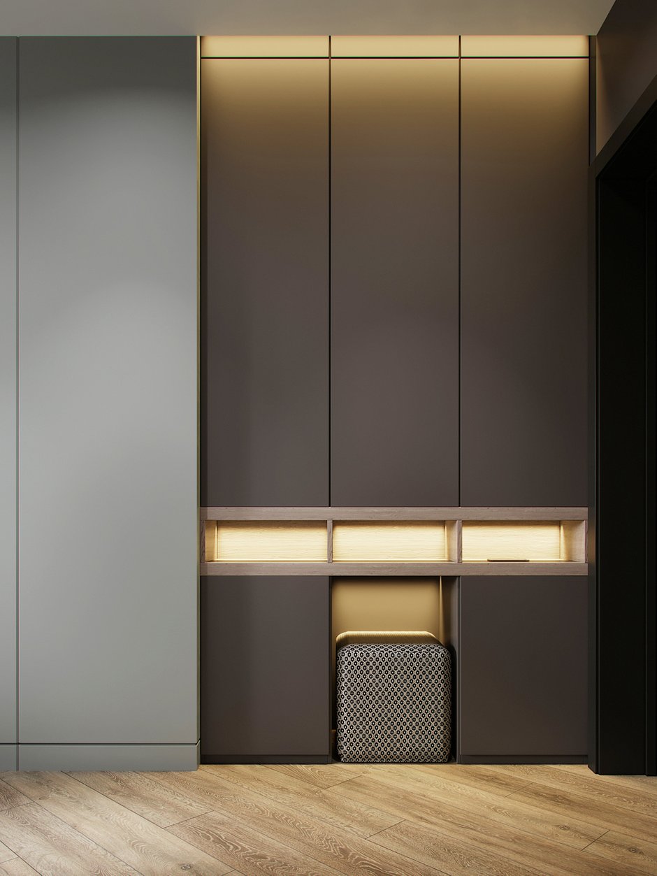 Фотография: Прихожая в стиле Современный, Кухня и столовая, Гостиная, Спальня, Квартира, Miele, Проект дня, Перепланировка, Москва, Серый, Эко, 1 комната, 40-60 метров, Руслан Просвирин, PROSVIRIN DESIGN STUDIO, реечная перегородка в спальне, перегородка-стеллаж, Анна Просвирина – фото на INMYROOM