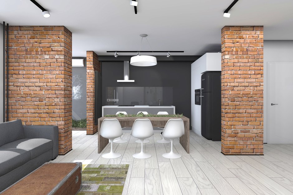 Фотография:  в стиле , Лофт, Скандинавский, Квартира, Россия, Bloomingville, BoConcept, Eames, Проект недели, ИКЕА, Benjamin Moore, Московская область, Cosmorelax, Железнодорожный, Timothy Oulton, Centrsvet, NLXL, Quick Step, Smeg, EllipseBed, Settecento, Sentry, Patchwork Realonda, «Мастерские Братьев НемцеВ», Aplomb, Corrugated, Fine Little Day, Maverick, «Софья», Arflex Lady, Estetica, Лена Добринина, Ира Васильева, «Интерьер-проект.ру», ЖК Леоновский Парк, как обустроить трешку для молодой семьи, интерьер с кирпичной кладкой, квартира с барной зоной – фото на INMYROOM