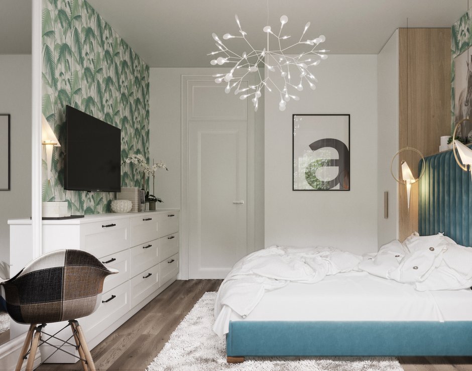 Фотография: Спальня в стиле Скандинавский, Квартира, Проект недели, Москва, Юлия Чернова, Монолитный дом, 2 комнаты, 40-60 метров, Алина Ануфриева, ЖК «Маршала Захарова» – фото на INMYROOM