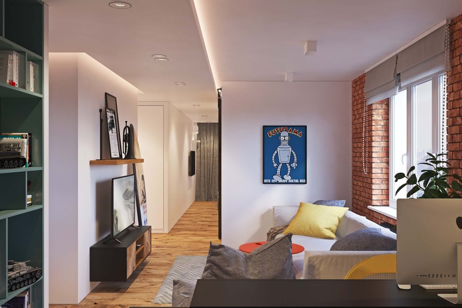 Фотография: Гостиная в стиле Лофт, Квартира, Проект недели, Одинцово, Geometrium, Московская область, Монолитный дом, 2 комнаты, 60-90 метров – фото на INMYROOM