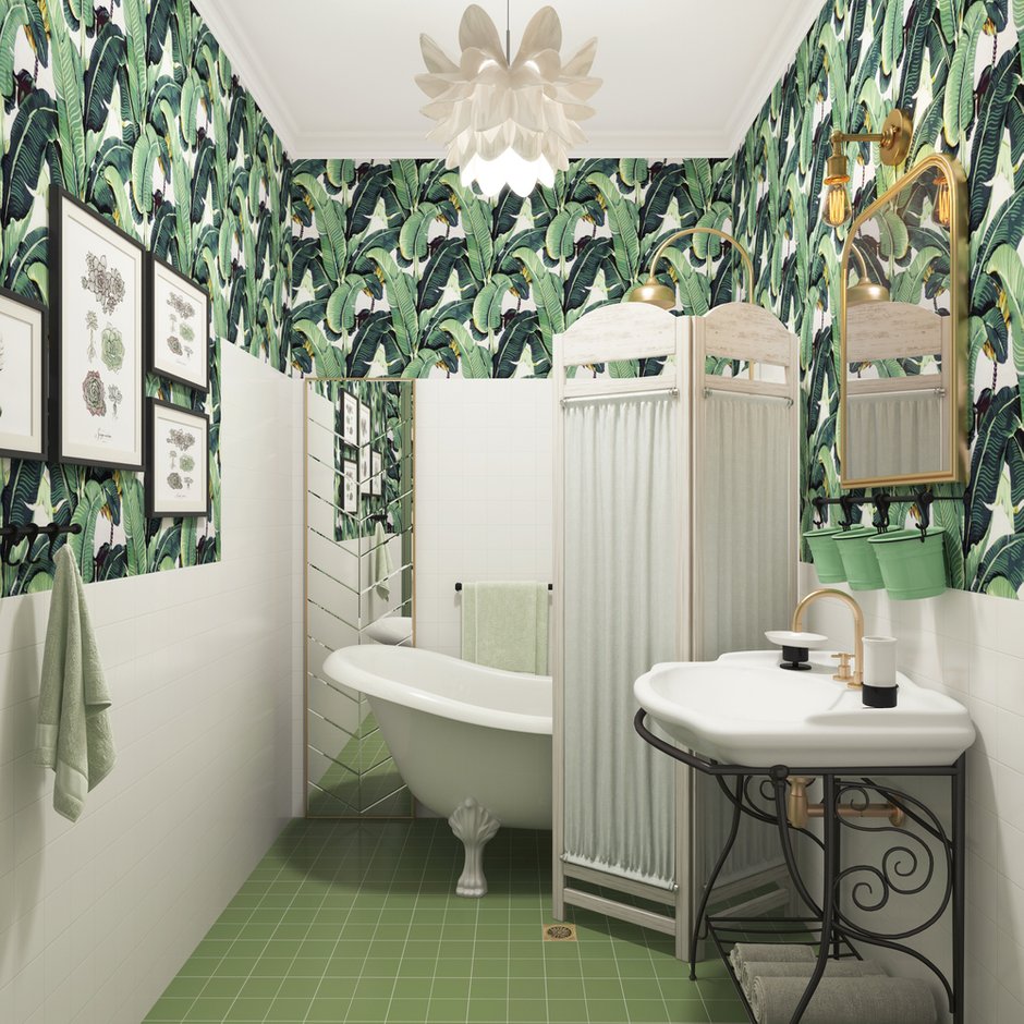 Фотография:  в стиле , Ванная, Белый, Проект недели, Зеленый, ИКЕА, Nicolazzi, Loft Design, Анна Веретенникова, Нижний Новгород, Volevatch, Martinique "A" Wallpaper, Роман Вескер, объединение ванны и санузла, как оформить маленький санузел, Imola Ceramica Tint, как объединить ванную и туалет, как оформить маленькую ванную, интерьер маленькой ванной, дизайн маленького санузла – фото на INMYROOM