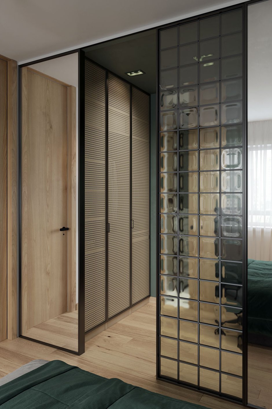 В спальне предусмотрено хранение в проходной зоне в виде встроенного шкафа с фасадами из натурального ротанга.