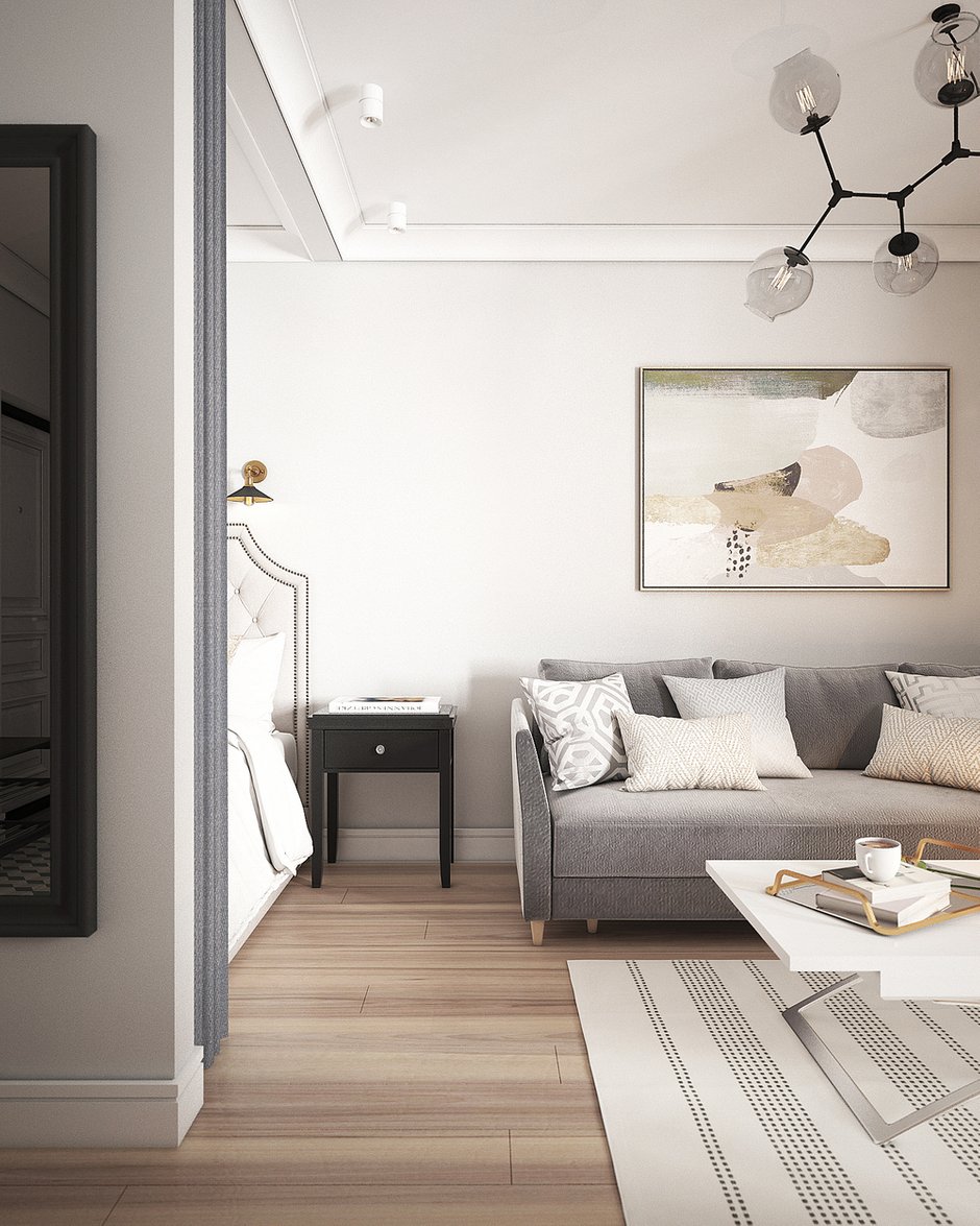 Фотография: Гостиная в стиле Современный, Скандинавский, Малогабаритная квартира, Квартира, Россия, Белый, Москва, Бежевый, Серый, Кирпичный дом, 1 комната, до 40 метров, BoomPlanner – фото на INMYROOM